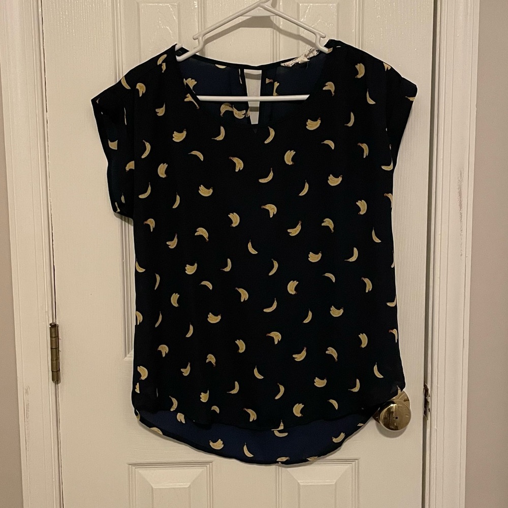 Navy Blue Banana Print Shirt / Pink Rose / Size Medium